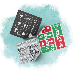 Informations- und Hinweisaufkleber mit Piktogrammen und QR-Codes